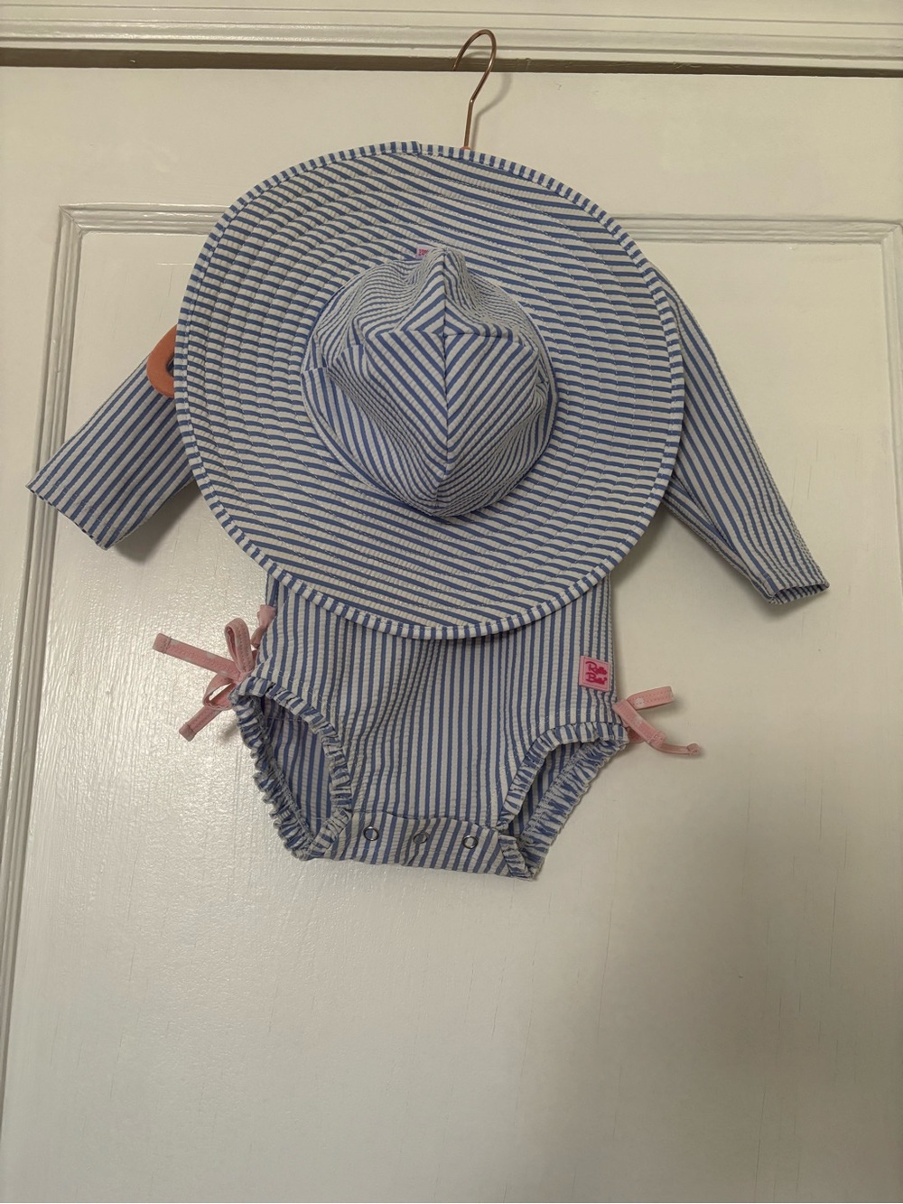 Ruffle Butts Blue & White Striped Swimsuit & Hat Set
